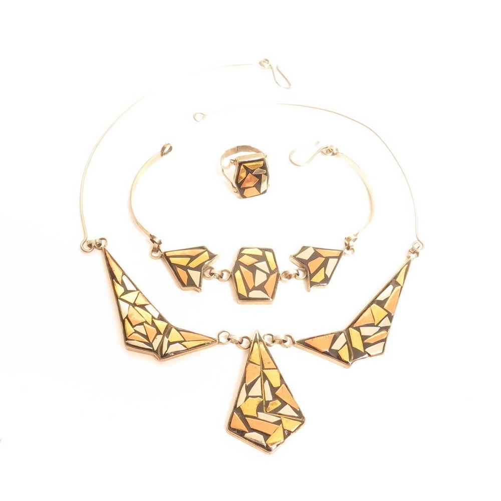 Vintage 1980s Geometric Necklace Bracelet Ring‎ Parure Set*Inlaid Metals L25